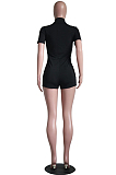 Copy Khaki Casual Fashion Zipper Pure Color Short Sleeve Romper Shorts SY8816-4