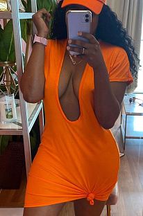 Orange JH 257ashion Sexy Pure color Deep V Short Sleeve Short Dress JH257-1