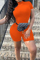 Orange Euramerican Women Pure Color Round Neck Short Bodycon Jumpsuits KK8265-3