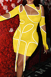 Yellow Sexy Pure Color Irregularity Tight Night Club Long Sleeve Dress LM1095-2