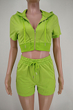 Green Euramerican Pure Color Hoodie T Shirt Shorts Two Piece X9301-8