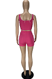Rose Red Fashion Pure Color Vest Hollow Out Bind Shorts Two Piece LL6328-2