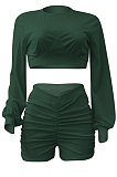 Army Green Women Shirred Detail Autumn Winter Sport Casual Shorts Sets NK253-12
