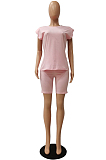 Pink Casual Pure Color Sleeveless Shoulder pads T Shirt Shorts Sets CM2142-1