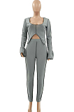 Grey Flare Long Sleeve Irregularity Top Long Pant Casual Sets LSZ9033-1