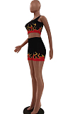 Black Red Euramerican Fashion Flame Print Vest Shorts Two Piece LSZ91162-1
