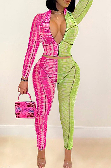 Pink Print Spliced Zipper Fashion Casual Two Piece LSZ9041