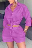 Purple Fashion Casual Shirt Shorts Casual Two Piece LSZ91165-1