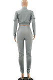 Grey Fashion Ruffel Puff Sleeve Zipper Casual Two Piece LSZ9043-2
