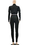Black Fashion Ruffel Puff Sleeve Zipper Casual Two Piece LSZ9043-1