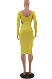 Yellow Fashion Casual A Word Shoulder Long Sleeve Hole Backless Dress LSZ91168-1