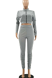 Grey Fashion Ruffel Puff Sleeve Zipper Casual Two Piece LSZ9043-2