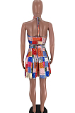 Colorful Sling Halter Neck Chest Warp Ruffel Skirt Two Piece SXS6056