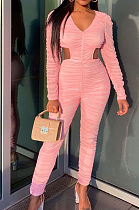 Pink Women Fashion Ruffel Casual Jumpsuits LSZ9023