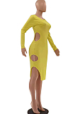 Yellow Fashion Casual A Word Shoulder Long Sleeve Hole Backless Dress LSZ91168-1