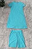 Blue Pure Color Fashion Short Sleeve Shorts Sets YZ2473-5