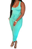 Sky Blue Women Sexy Vest Long Pants Waist Line Pure Color Pants Sets  SFM0272-8