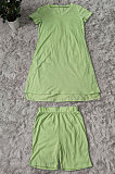 Green Pure Color Fashion Short Sleeve Shorts Sets YZ2473-3