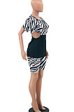 Black Trendy Stripe Printing Zipper Shorts Sets PY808-2