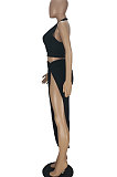 Black Euramerican Women Pure Color Sexy Halter Neck Hollow Out Skirts Sets QMQ7049-1