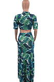 Green Sexy Fashion Deep V Agaric Edge Print Long Skirt Two Piece TD80047