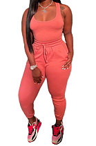 Pink Women Sexy Vest Long Pants Waist Line Pure Color Pants Sets  SFM0272-2