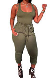 Army Green Women Sexy Vest Long Pants Waist Line Pure Color Pants Sets  SFM0272-7