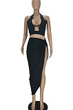 Black Euramerican Women Pure Color Sexy Halter Neck Hollow Out Skirts Sets QMQ7049-1