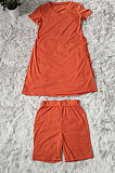 Orange Red Pure Color Fashion Short Sleeve Shorts Sets YZ2473-6