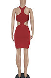 Red Pure Color Sexy Halter Neck Hollow Out Chest Wrap Tight Mini Dress YBS6705-1