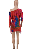 Red Tie Dye Print Inclined Shoulder Open Fork Loose Two Piece CYY00020-1