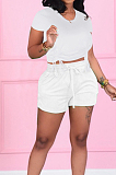 Pure Color Dew Waist Round Neck Short Sleeve Shorts Casual Sets KF272