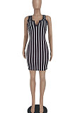 Black Women Stripe Printing Deep V Neck Fashion Cultivate One's Morality Mini Dress YBS6700-3