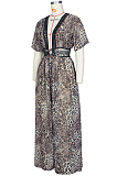 Brown Chiffon Leopard Print Waist Hollow Out Casual Long Dress ZS0398-1