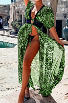 Green Chiffon Leopard Print Waist Hollow Out Casual Long Dress ZS0398-2