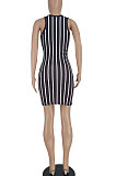 Black Women Stripe Printing Deep V Neck Fashion Cultivate One's Morality Mini Dress YBS6700-3