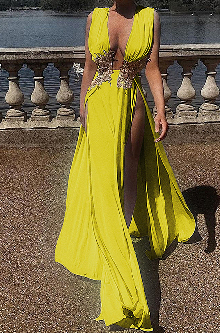 Yellow Sexy Fashion High Open Fork Simple Giant Swing Long Dress ZS0393-3