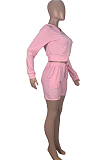 Pink Hooded Zipper Long Sleeve Shorts Sports Sets MMS8042-1