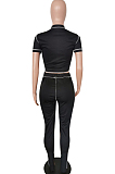 Black Streets Line Round Neck Short Sleeve Open Fork Pant Two Piece MLL161-1