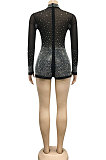 Black Sexy Round Neck Long Sleeve Hot Drilling Perspective Romper Shorts XZ5165-1