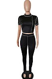 Black Streets Line Round Neck Short Sleeve Open Fork Pant Two Piece MLL161-1