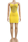 Yellow Sexy Condole Belt Chest Wrap Net Yarn Hot Drilling Pure Color Mini Dress XZ5132-4