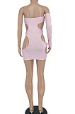 Pink Pure Color Pit Bar Sexy Hollow Out Single Sleeve Mini Dress YBS86711-1
