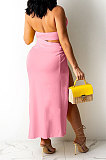 Pink Bandage Hang Buckle Halter Neck Long Dress YBS86712-2