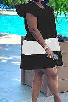 Black&White Fashion Causal Spliced Lotus Leaf Sleeve Loose Dress SM9187-3