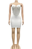White Sexy Condole Belt Chest Wrap Net Yarn Hot Drilling Pure Color Mini Dress XZ5132-1
