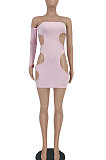 Pink Pure Color Pit Bar Sexy Hollow Out Single Sleeve Mini Dress YBS86711-1