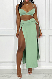 Green Sexy Cute Sling Vest Open Fork Long Skirts Two Piece HY5232-3