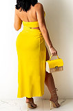 Yellow Bandage Hang Buckle Halter Neck Long Dress YBS86712-3