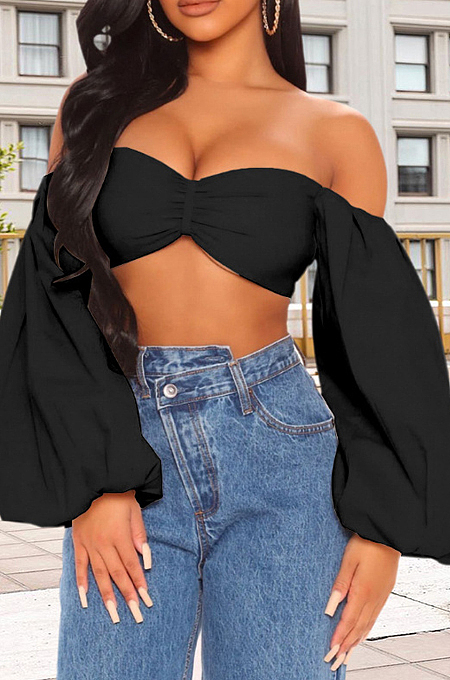 Black Sexy Chest Warp Backless Lantern sleeve Tops HY5234-2